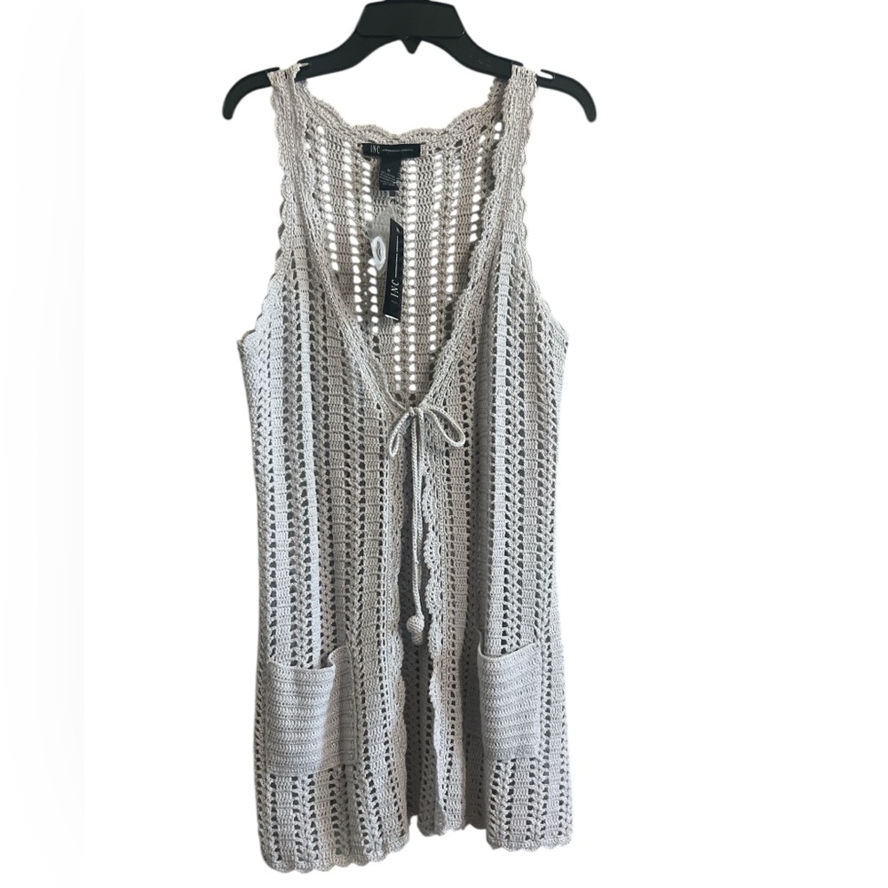 INC International Concepts Grey/Silver Crochet Knit Vest With Pockets Size M NEW
